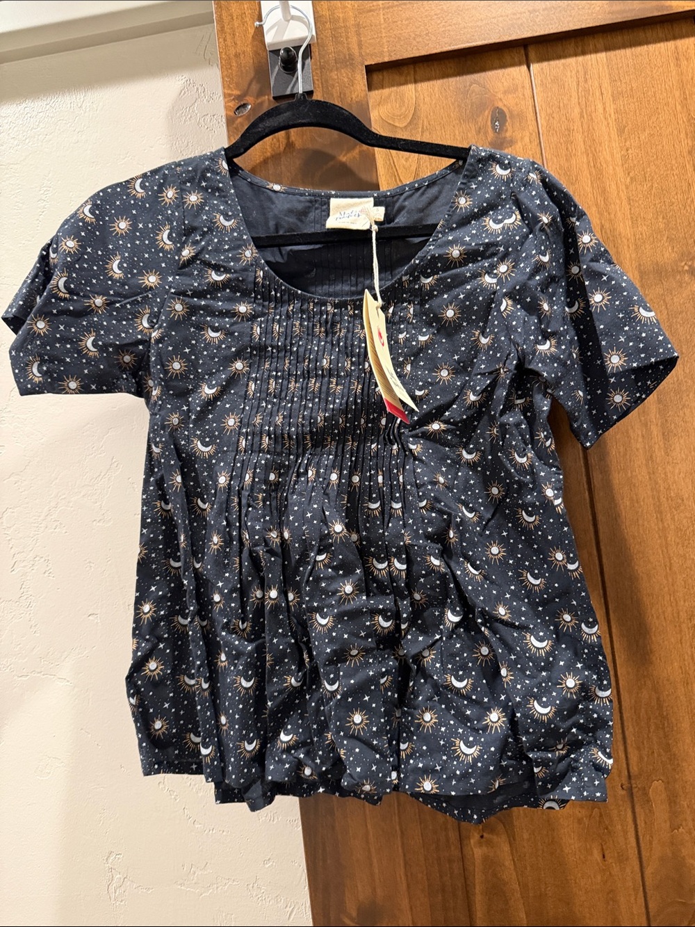 Mata Traders Navy Celestial Pintuck Short Sleeve Top